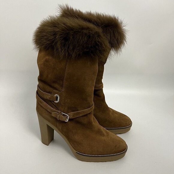 RALPH LAUREN COLLECTION purple Label Chestnut suede shearling fur trim boots 10 - Picture 9 of 10